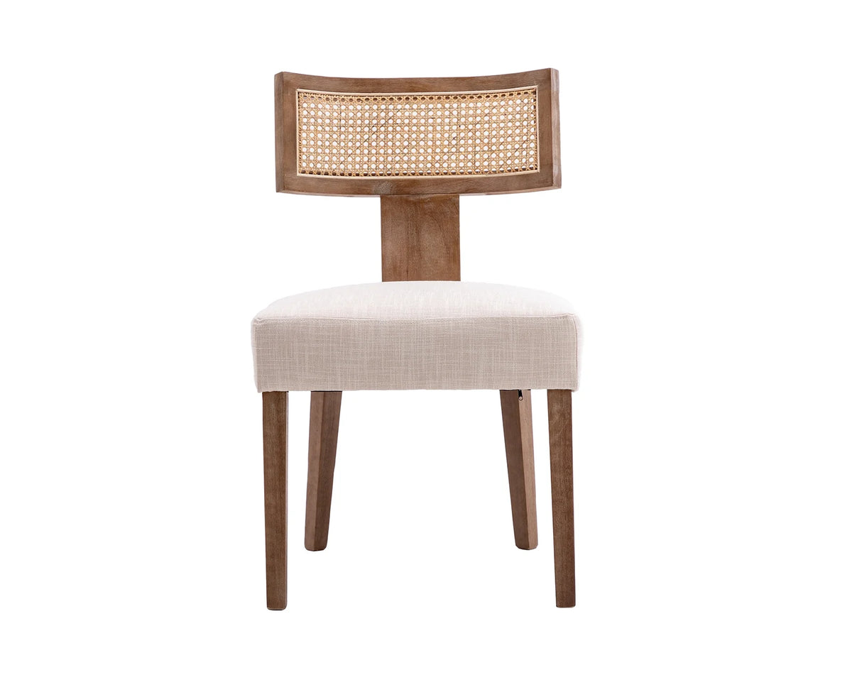 Beige Rattan Backrest Linen Upholstered Solid Wood Dining Chairs Set of 2 B1714