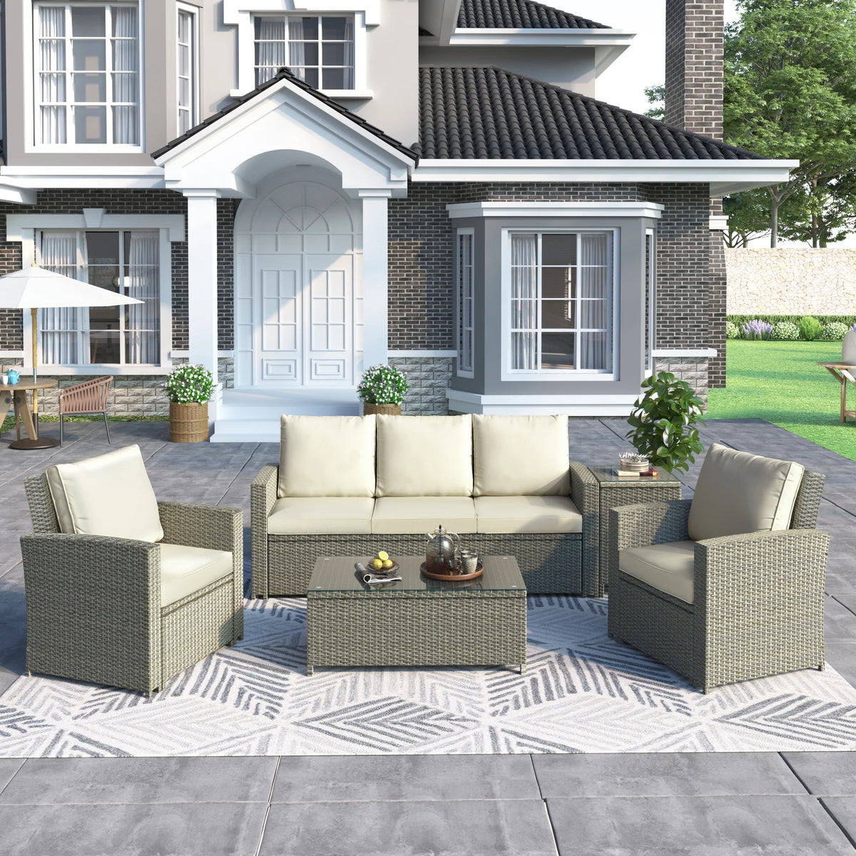 5 Piece Rattan Sectional Seating Group with Cushions and Table E7565