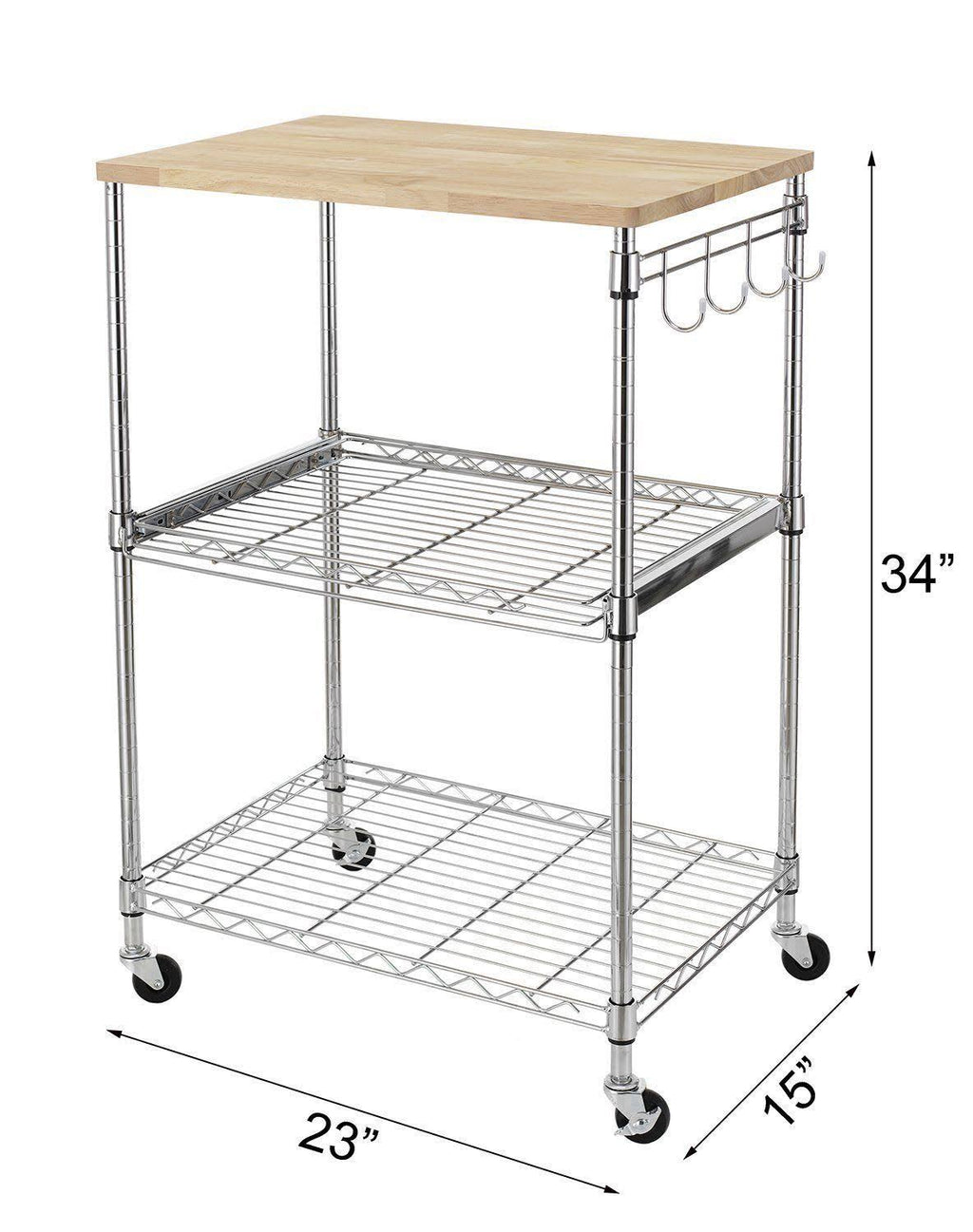 3-Tier Wire Rolling Kitchen Cart with Oak Cutting Board and Chrome Y2574