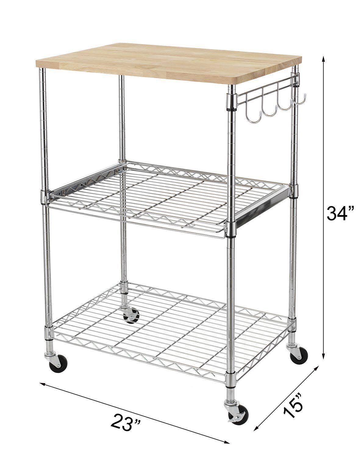 3-Tier Wire Rolling Kitchen Cart with Oak Cutting Board and Chrome Y2574