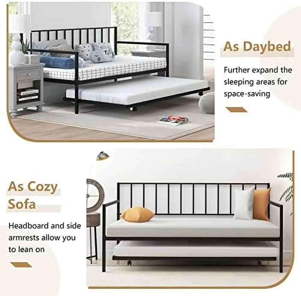 Black Metal Twin Daybed Frame with Slat Support and Guardrails V78787