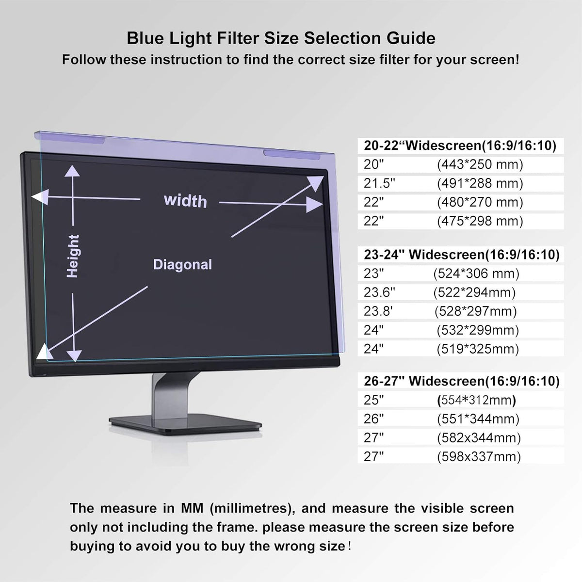 Anti Blue Light Screen Protector for 23 23.6 23.8 24 inch Desktop Monitor, Widescreen Frame Hanging Type, Pack of 2 V7948