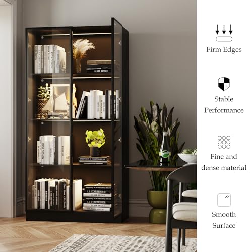 Black 3-Tier Display Cabinet with Glass Doors and Lights B7389