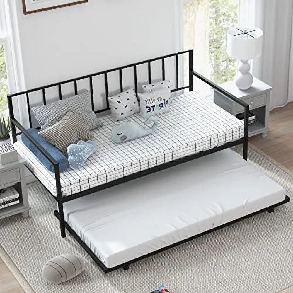 Black Metal Twin Daybed Frame with Slat Support and Guardrails V78787