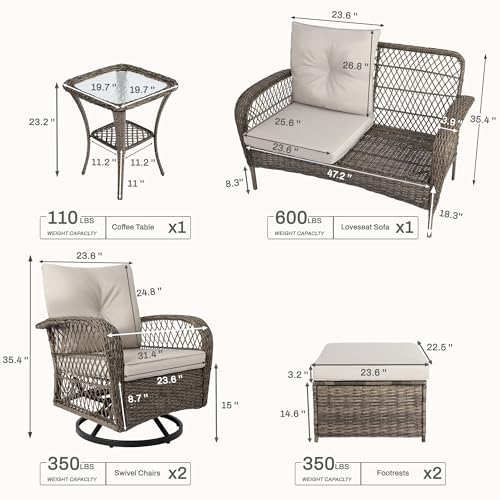 6 Pieces Patio Furniture Set Wicker Sofa with Swivel Rocking Chairs Ottoman Coffee Table Gray W59235