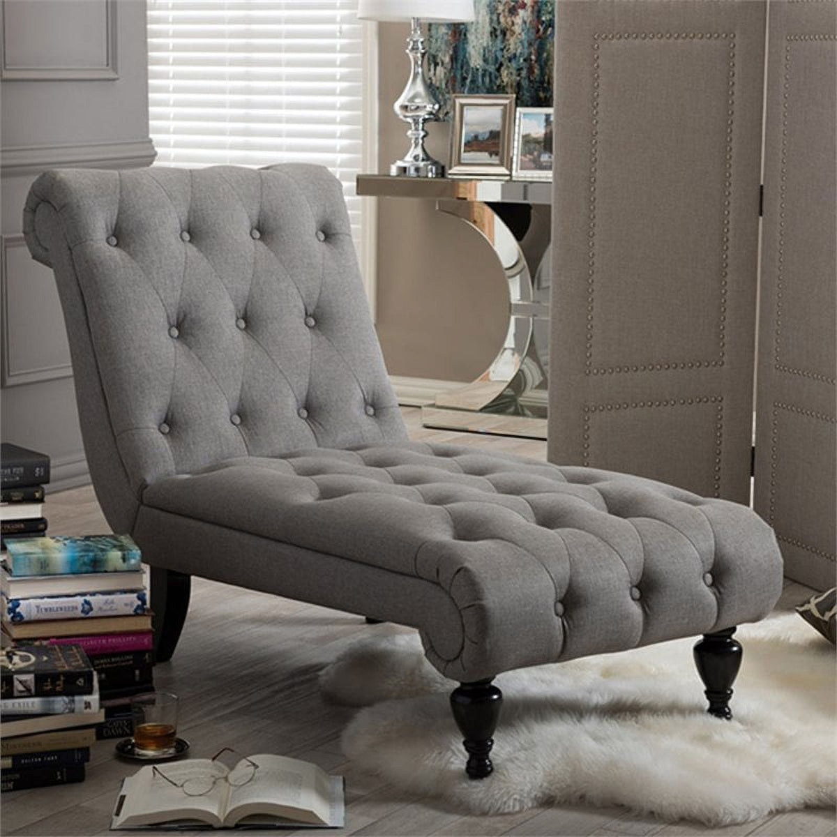 Tufted Chaise Lounge in Gray and Black P38380