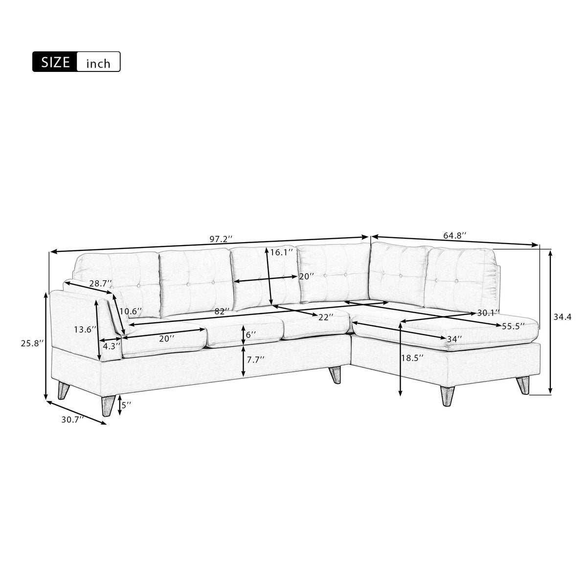 L-Shape Sectional Sofa with Chaise Lounge Gray M168