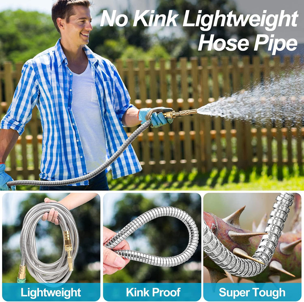 Steel Metal Garden Hose 100FT Heavy Duty Lightweight 304 Stainless Steel Water Hose with Brass Nozzle, Silver Pack of 2 K4650