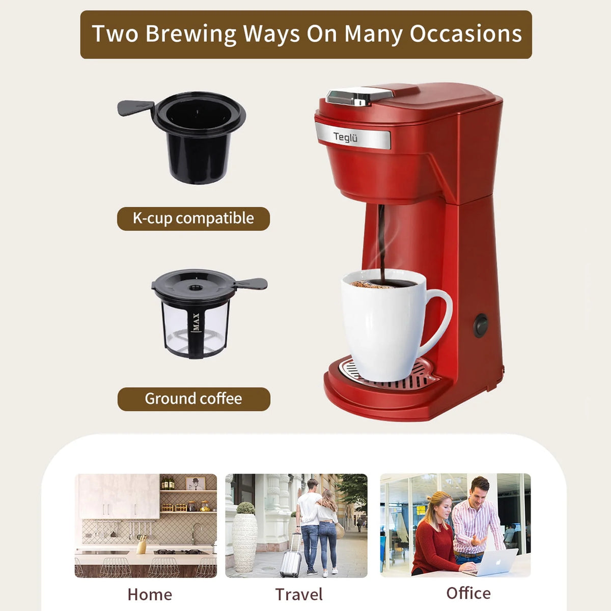 2 in 1 Single Serve Coffee Maker with Reusable Filters, Red D890646