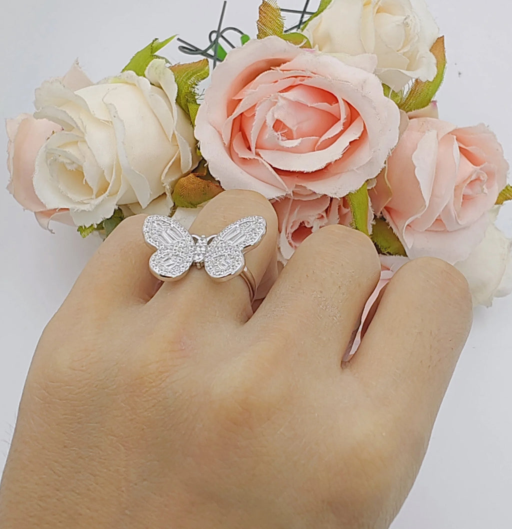 Cluster Butterfly Ring Baguette Cubic Zirconia White Tone 925 Sterling Silver C944622