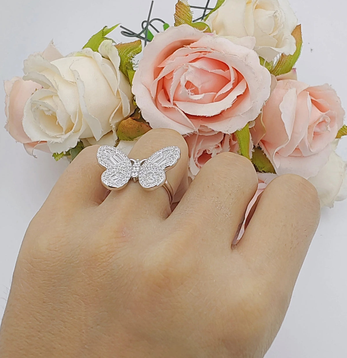 Cluster Butterfly Ring Baguette Cubic Zirconia White Tone 925 Sterling Silver C944622