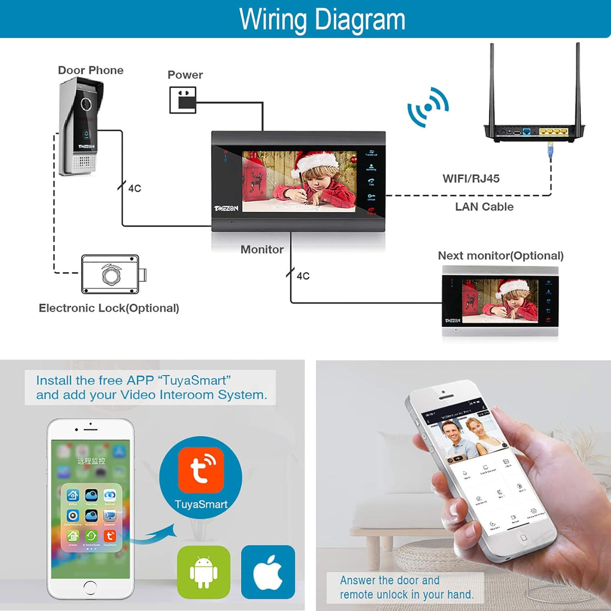 Wireless WIFI Video Door Phone IP Doorbell Intercom System with Camera 4 Wire 7 Inch Entry with 1x1080P Wired Camera Night Vision T99056