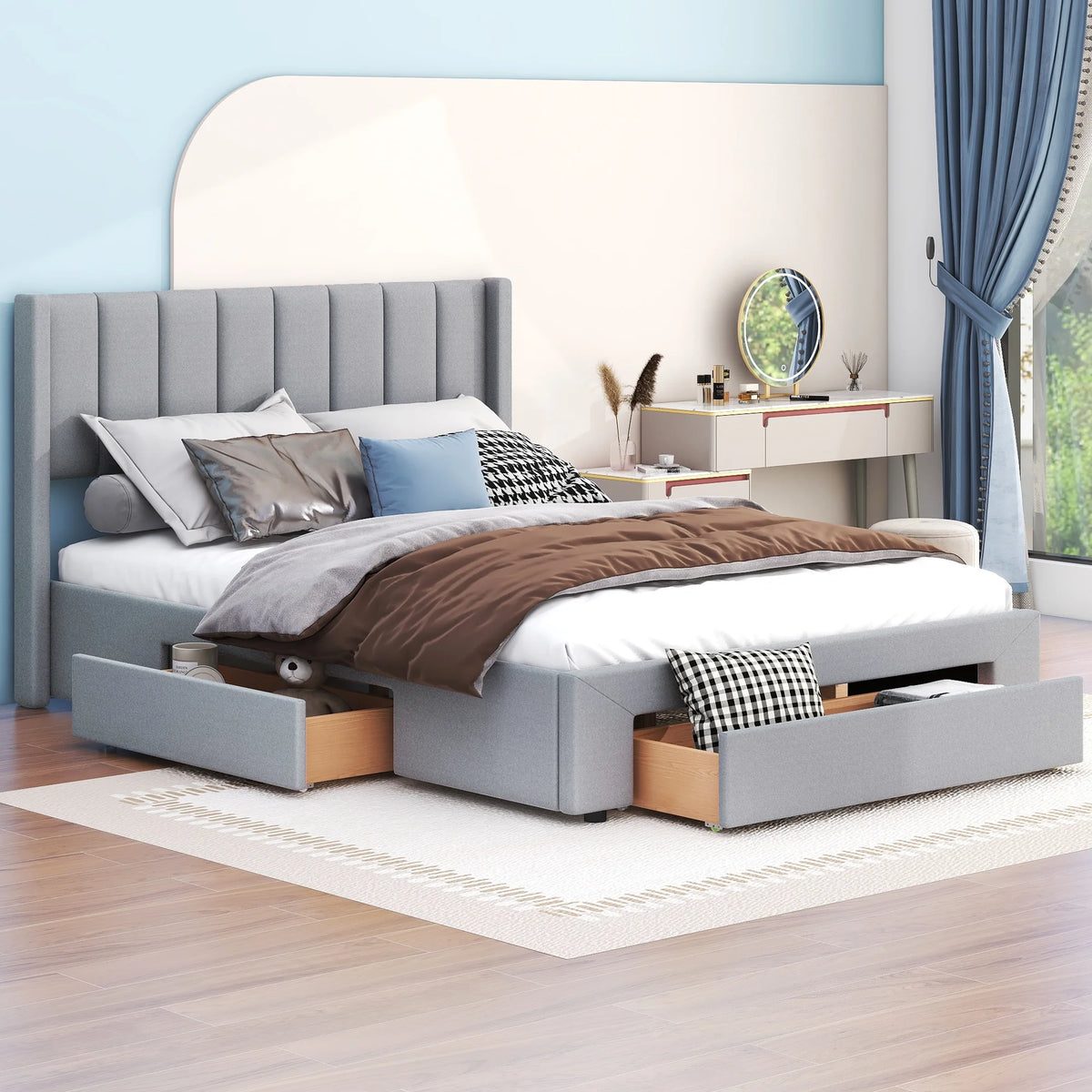 Queen Size Upholstery Platform Bed with Three Storage Drawers M655