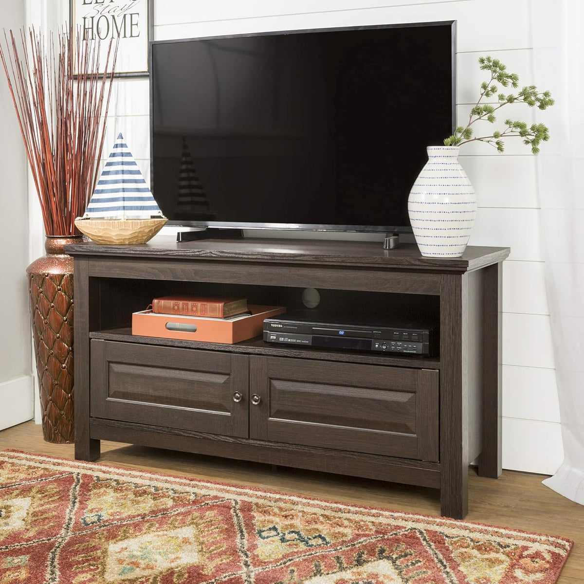 44 Inch Traditional Brown Wood TV Stand with Storage Cabinets J3456