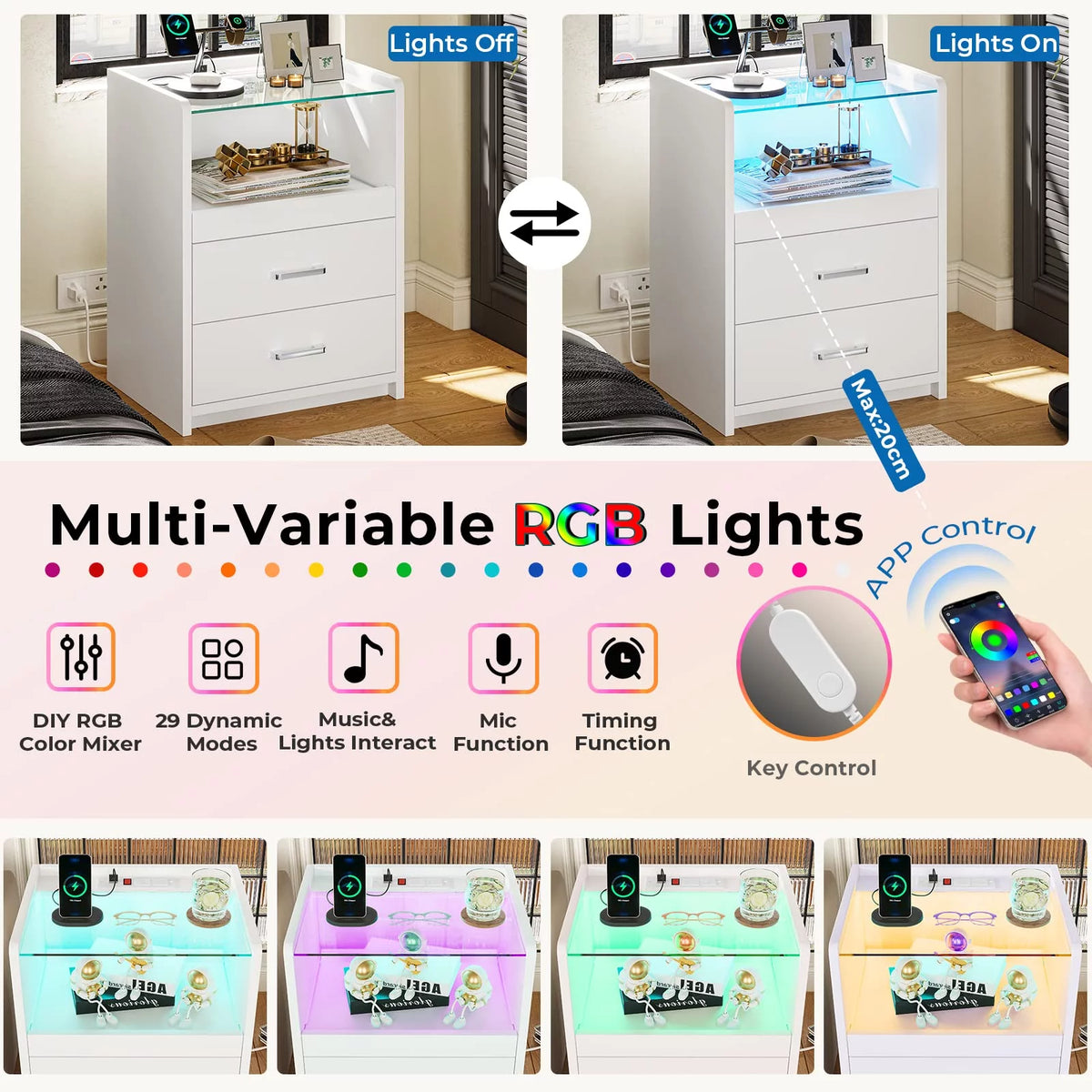 White LED Nightstand with 2 Drawers and Pull-Out Shelf K84338