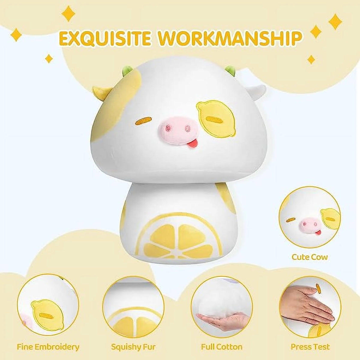 13.5" Mushroom Plush Lemon Cow Plush Pillow J720381
