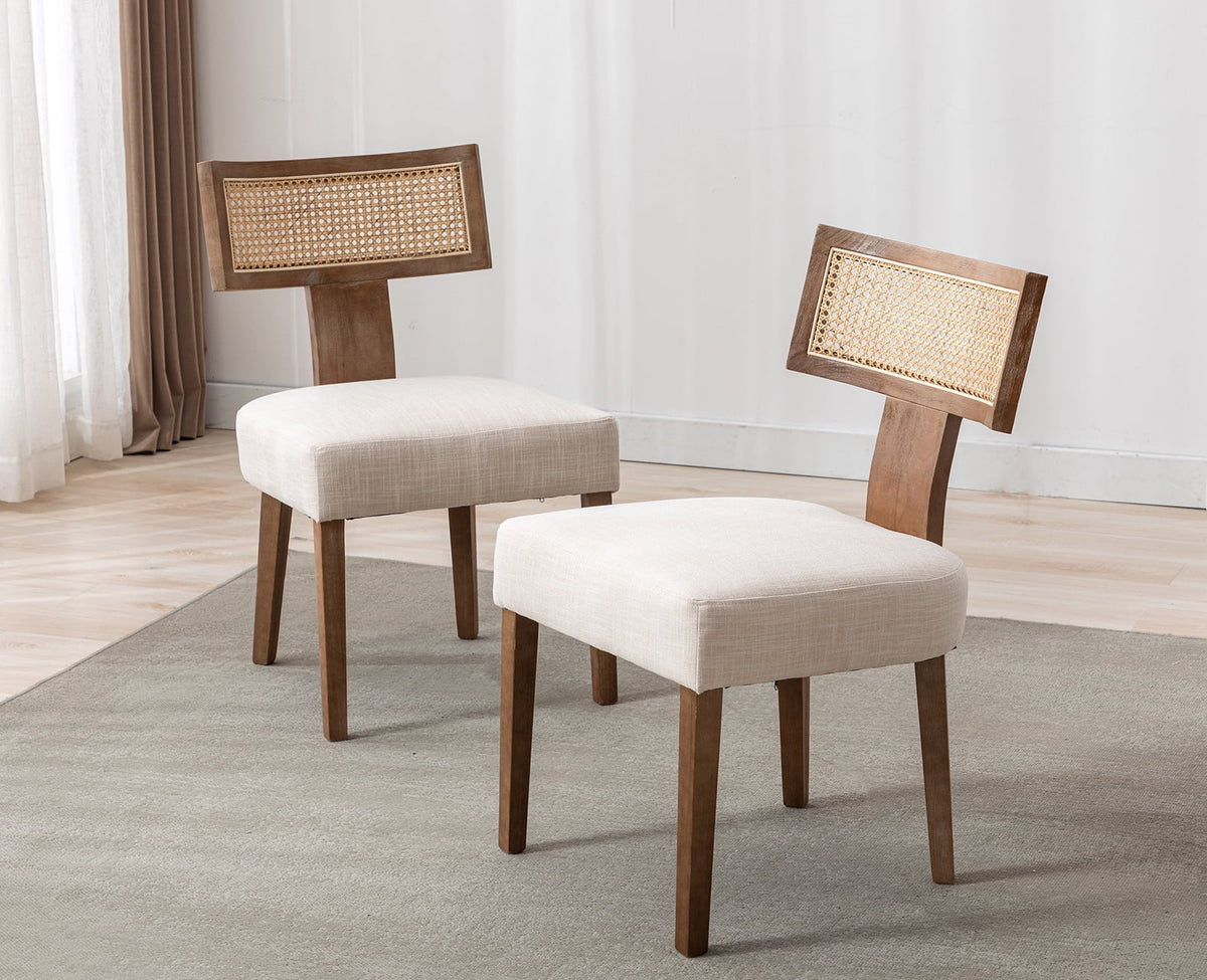 Beige Rattan Backrest Linen Upholstered Solid Wood Dining Chairs Set of 2 B1714