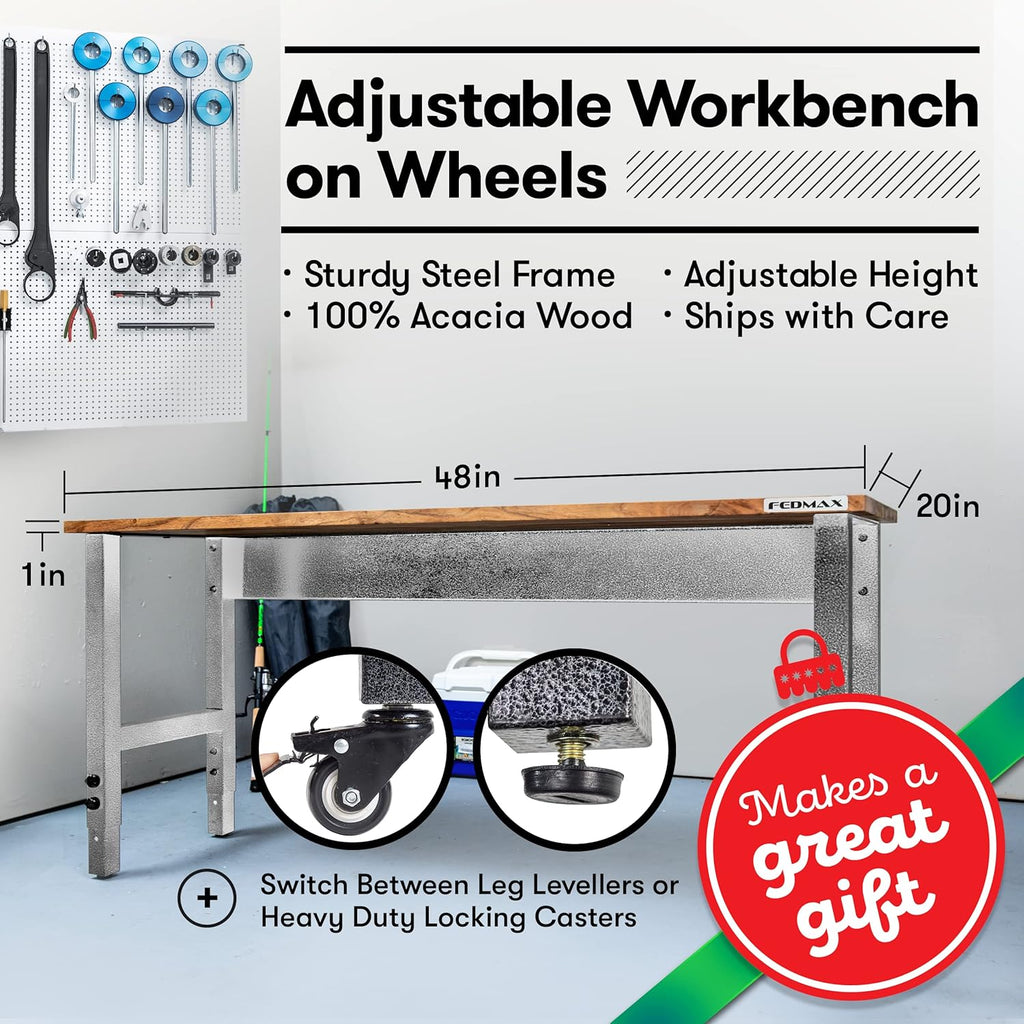 Acacia Wood Work Bench with Caster Wheels and Adjustable Height Legs U726