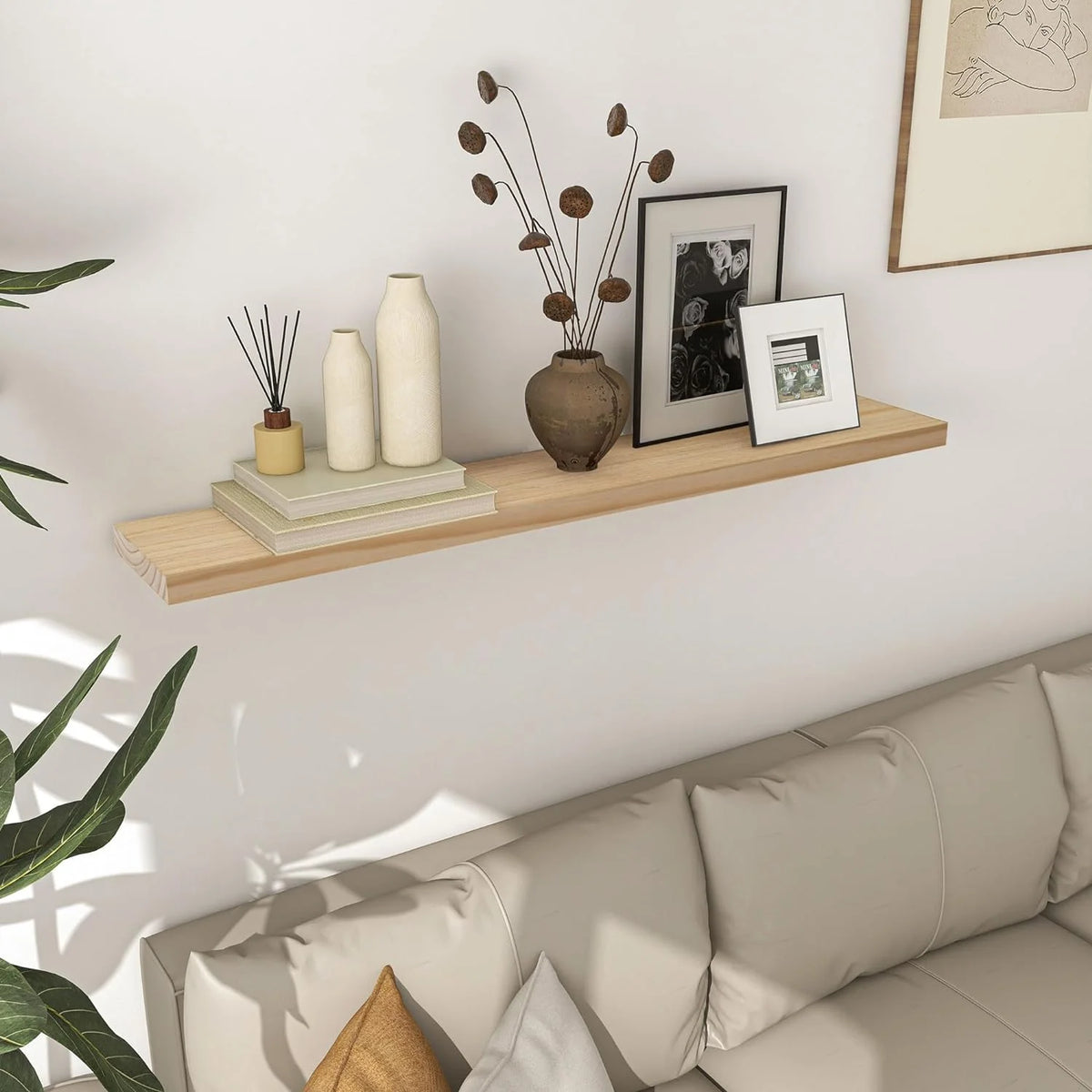 48 Inch Solid Pine Wood Floating Shelf with Metal Bracket L903867