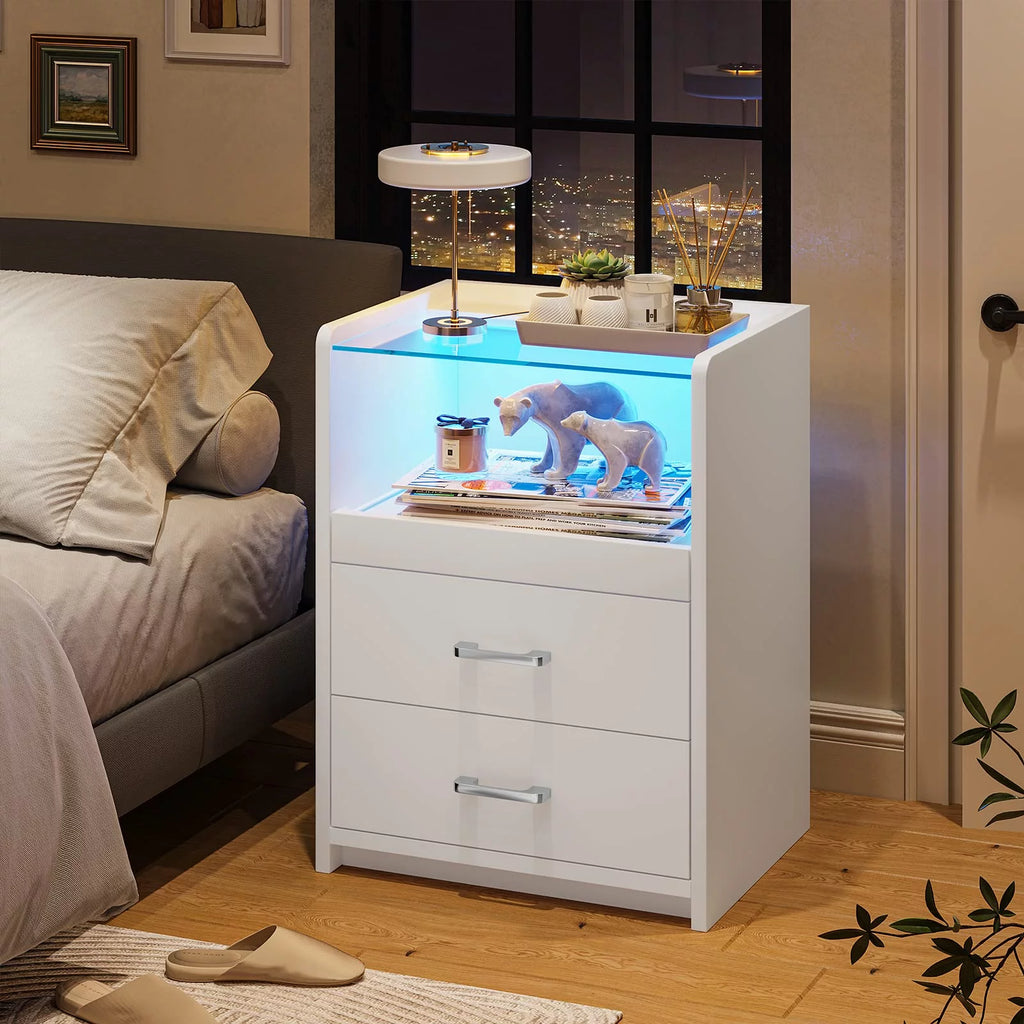 White LED Nightstand with 2 Drawers and Pull-Out Shelf K84338