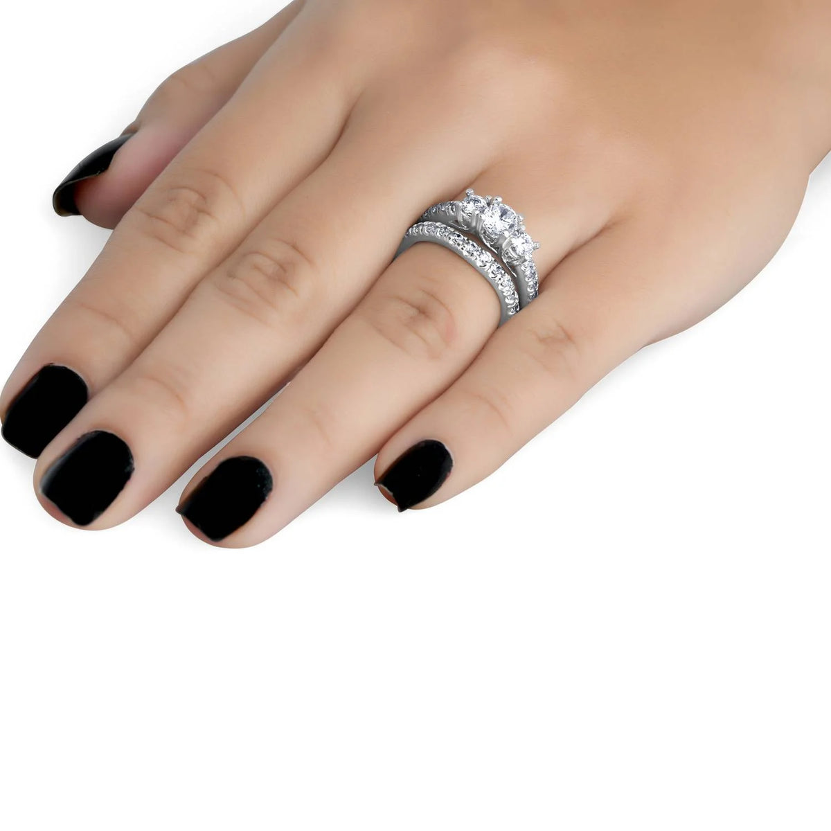 1 1/2 ct 3-Stone Diamond Engagement Ring Matching Wedding Band Set White Gold K445