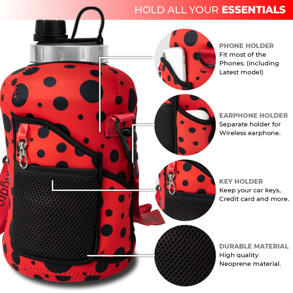 Black Lady Bug Gallon Water Bottle with Straw N864