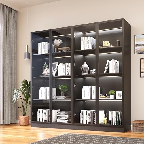 Black 3-Tier Display Cabinet with Glass Doors and Lights B7389