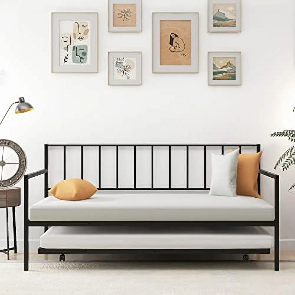Black Metal Twin Daybed Frame with Slat Support and Guardrails V78787