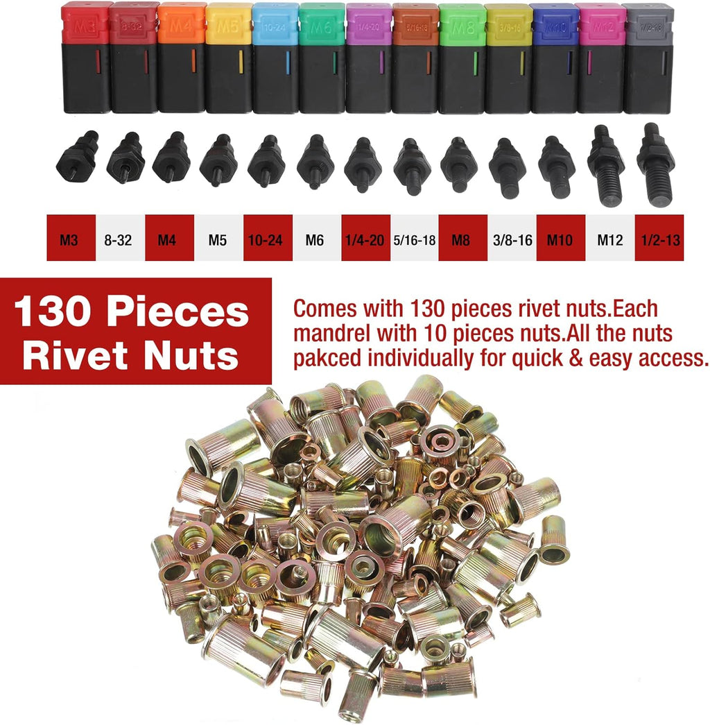 16'' Rivet Nut Tool with 13PCS Metric & Inch Mandrels, 130PCS Rivet Nuts, Plastic Case C990794