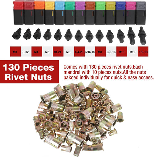 16'' Rivet Nut Tool with 13PCS Metric & Inch Mandrels, 130PCS Rivet Nuts, Plastic Case C990794