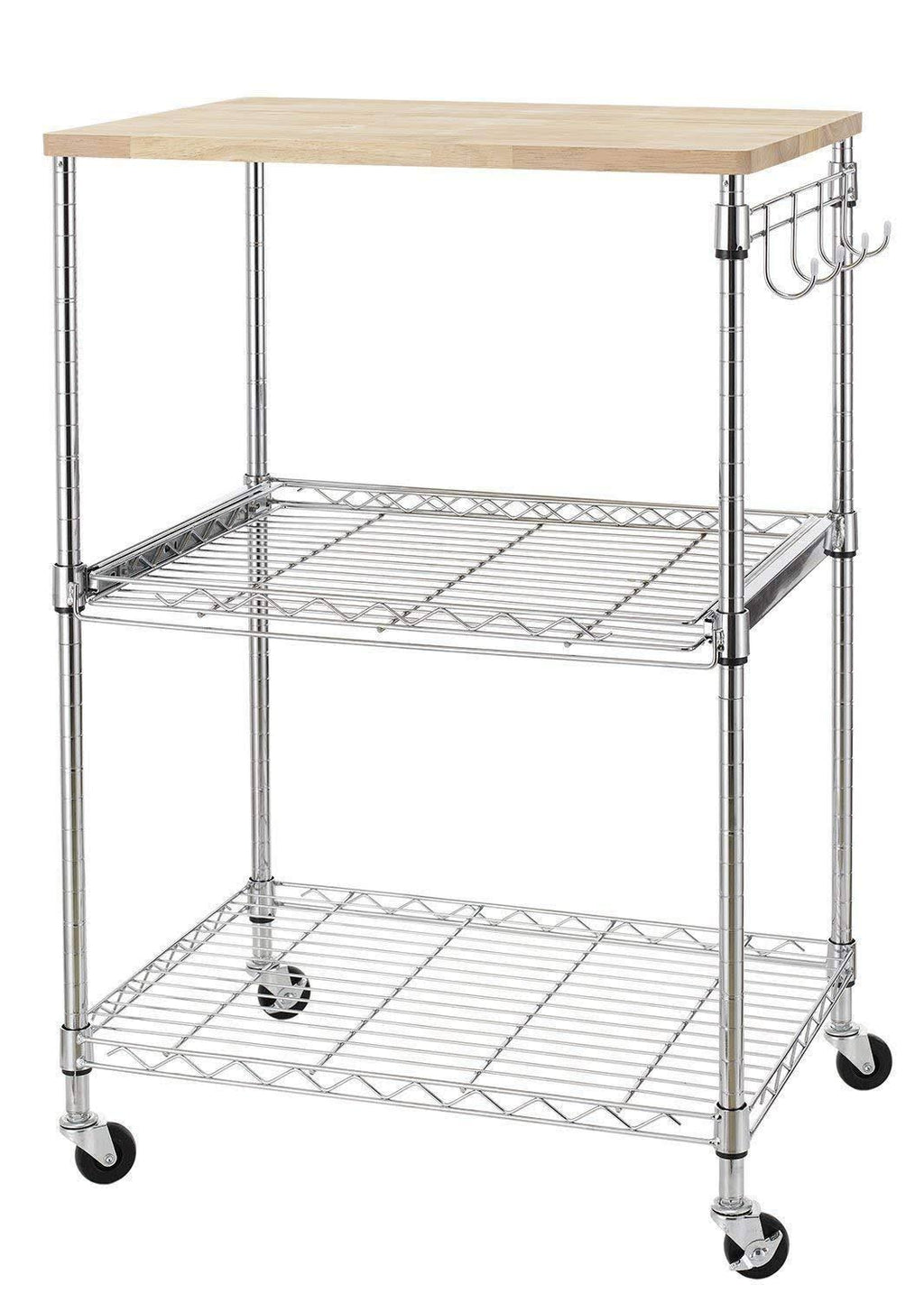 3-Tier Wire Rolling Kitchen Cart with Oak Cutting Board and Chrome Y2574