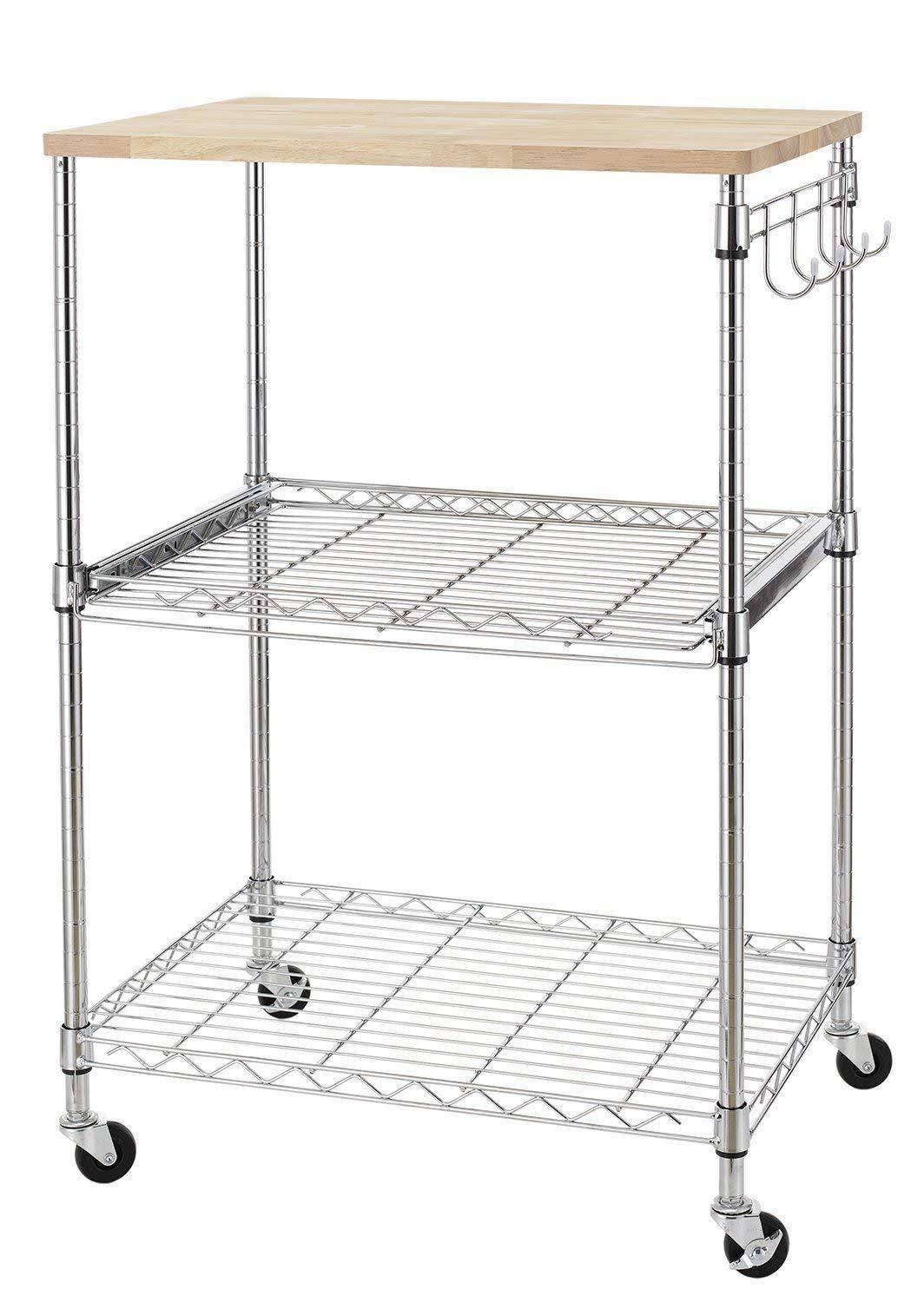 3-Tier Wire Rolling Kitchen Cart with Oak Cutting Board and Chrome Y2574