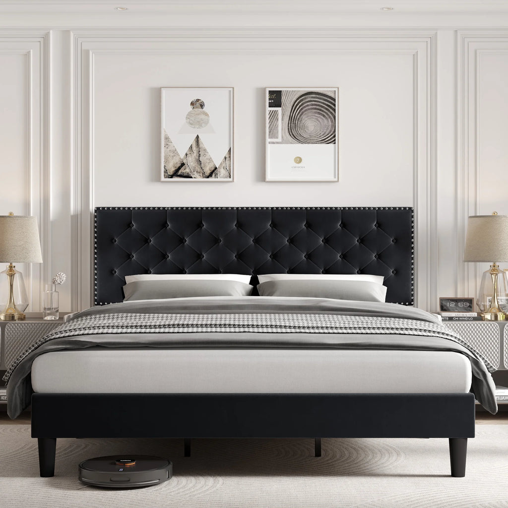King Size Upholstered Platform Bed with Adjustable Headboard T993439