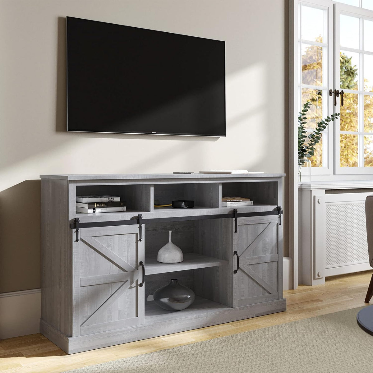Modern Farmhouse TV Stand with Sliding Barn Door and Storage Cabinets E879943