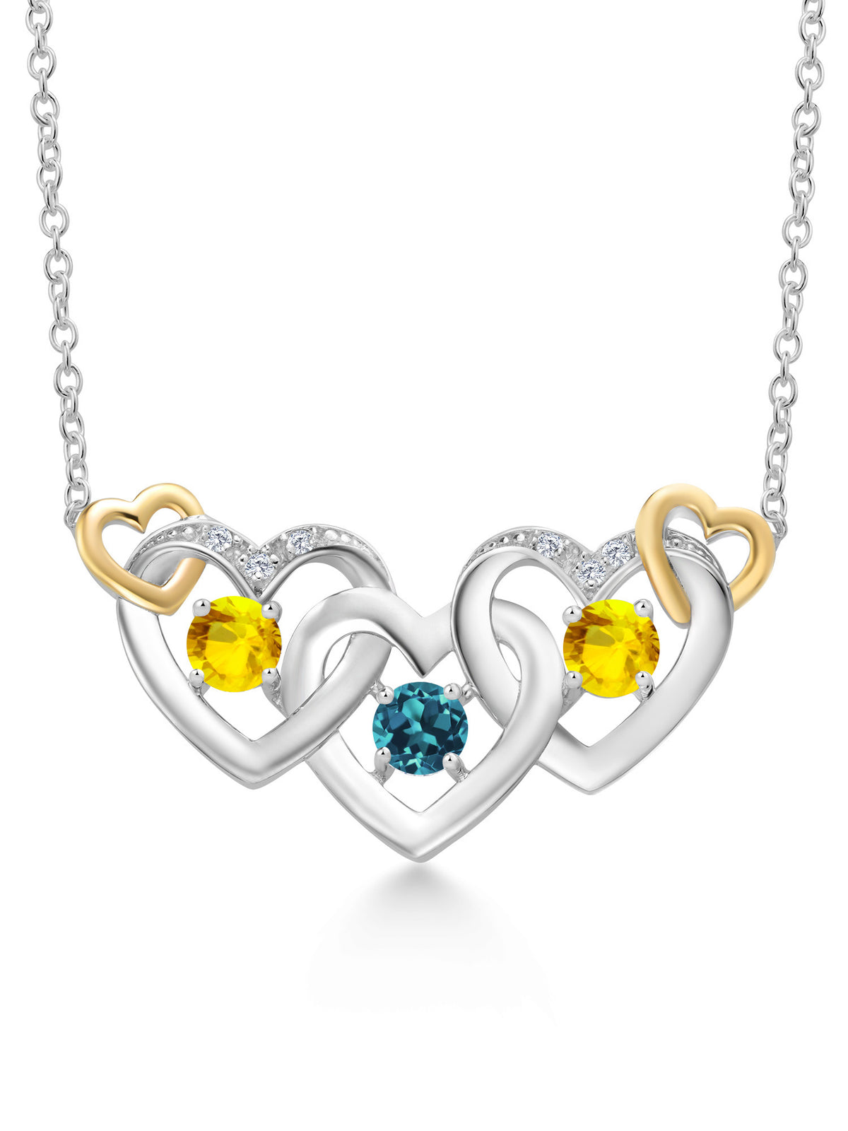 925 Silver 10K Yellow Gold London Blue Topaz Yellow Sapphire White Lab Grown Diamond Heart Shape Pendant Necklace with 18 inch Chain C4499