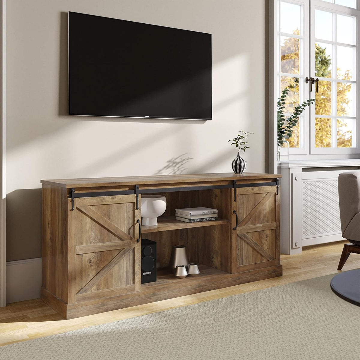 Modern Farmhouse TV Stand with Sliding Barn Door and Storage Cabinets E879943