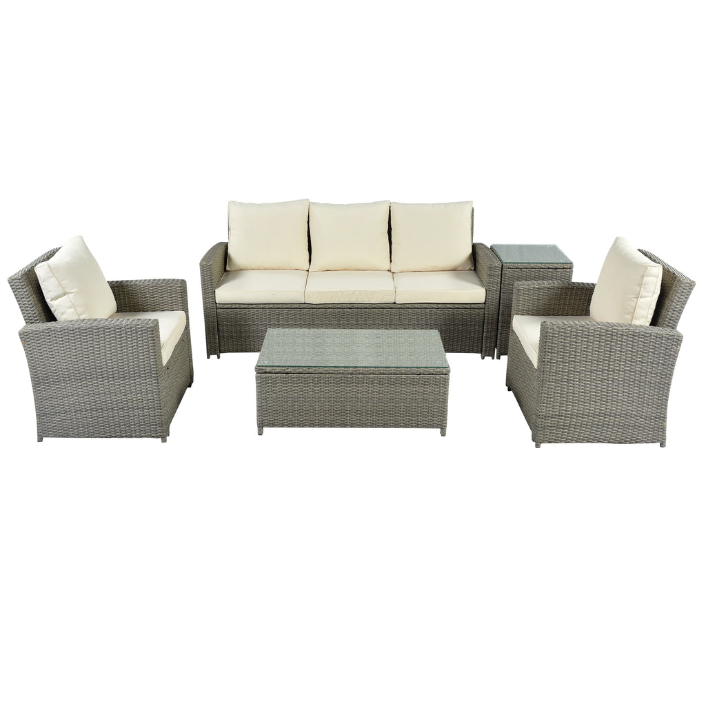5 Piece Rattan Sectional Seating Group with Cushions and Table E7565