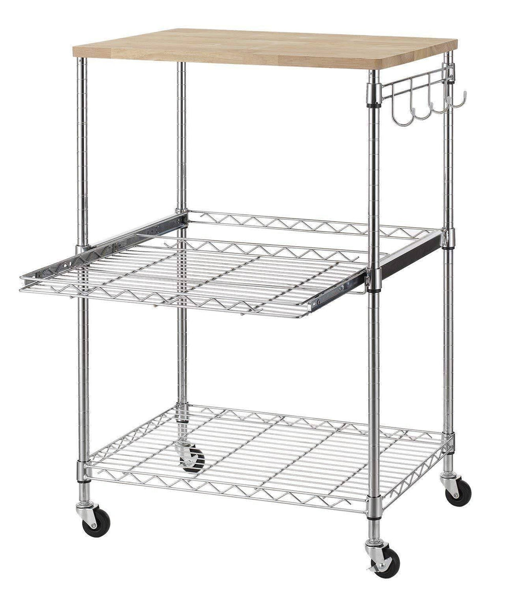 3-Tier Wire Rolling Kitchen Cart with Oak Cutting Board and Chrome Y2574