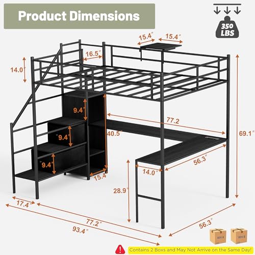 Full Size Black Metal Loft Bed with Desk and Stairs U22778