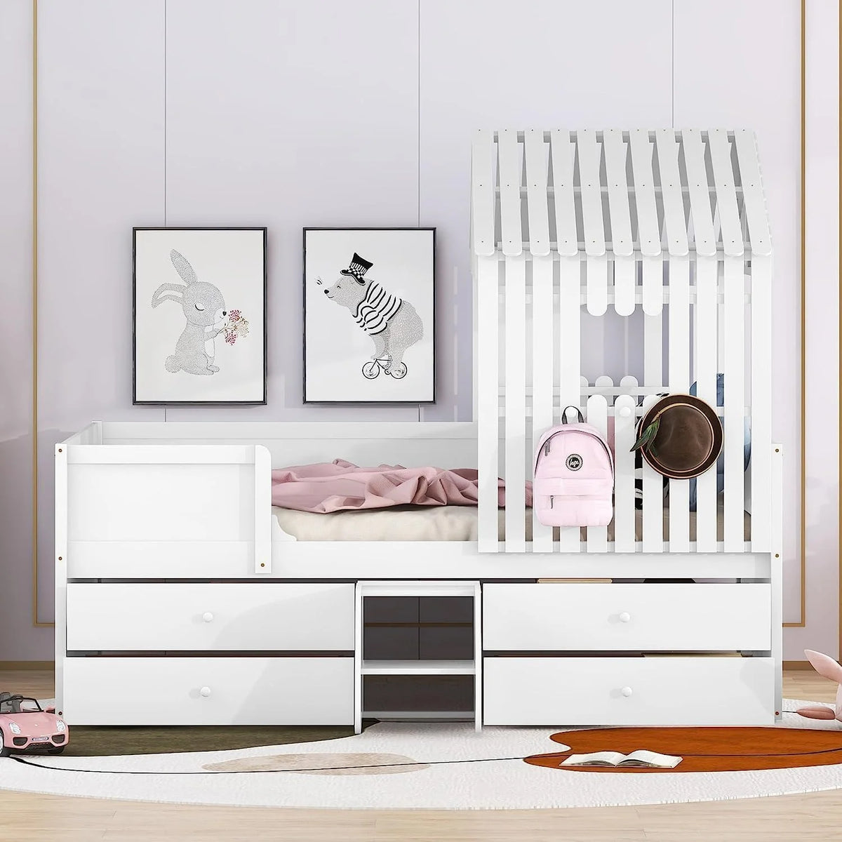 White Full Size Wood House Bed with 4 Drawers J30522