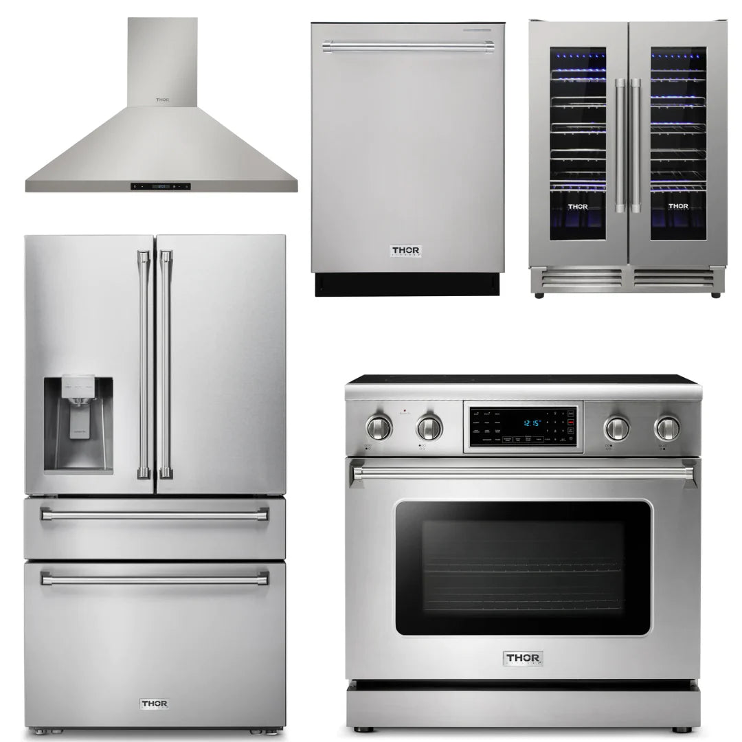 36 Electric Range, Range Hood, Refrigerator with Water and Ice Dispenser, Dishwasher, Wine Cooler D413388