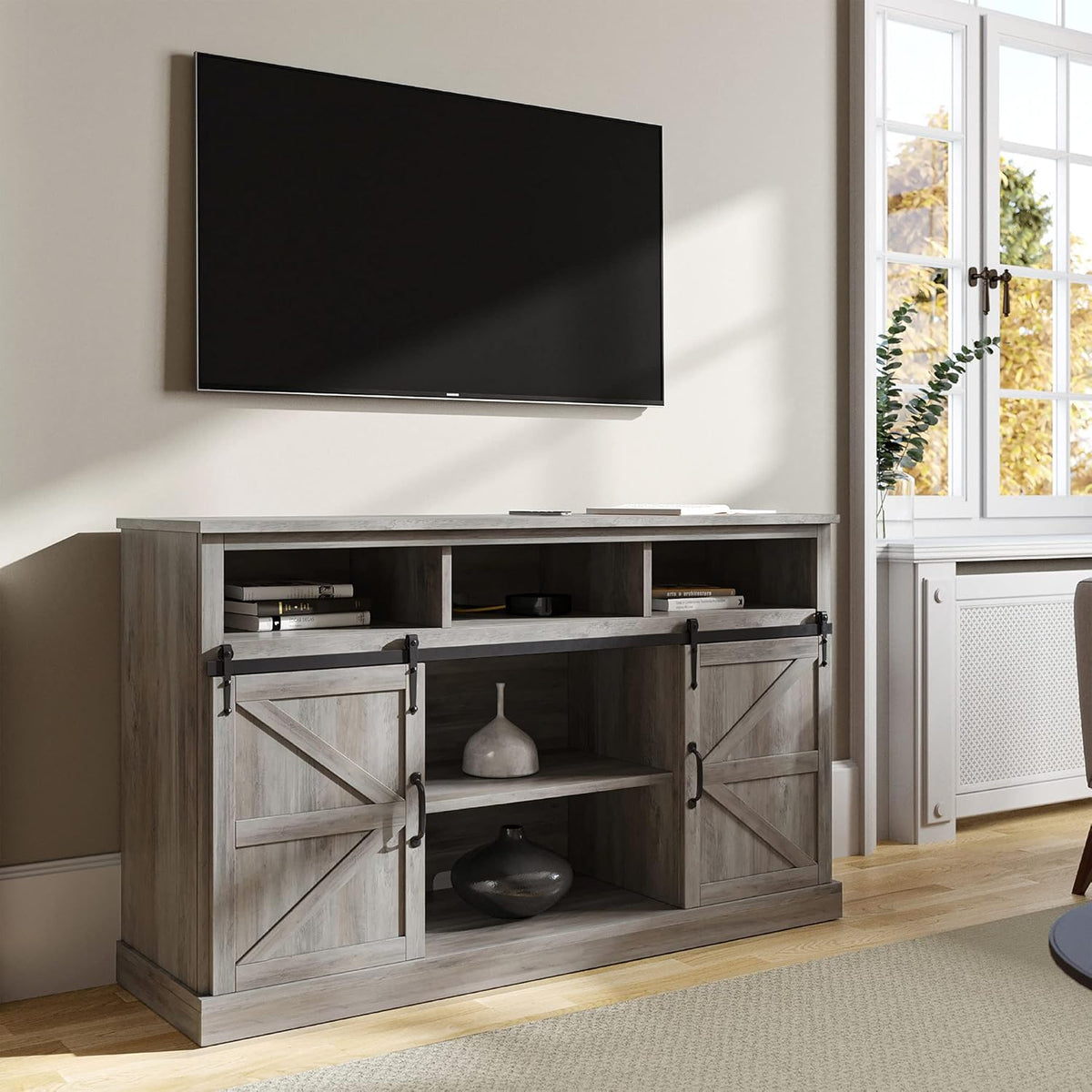 Modern Farmhouse TV Stand with Sliding Barn Door and Storage Cabinets E879943