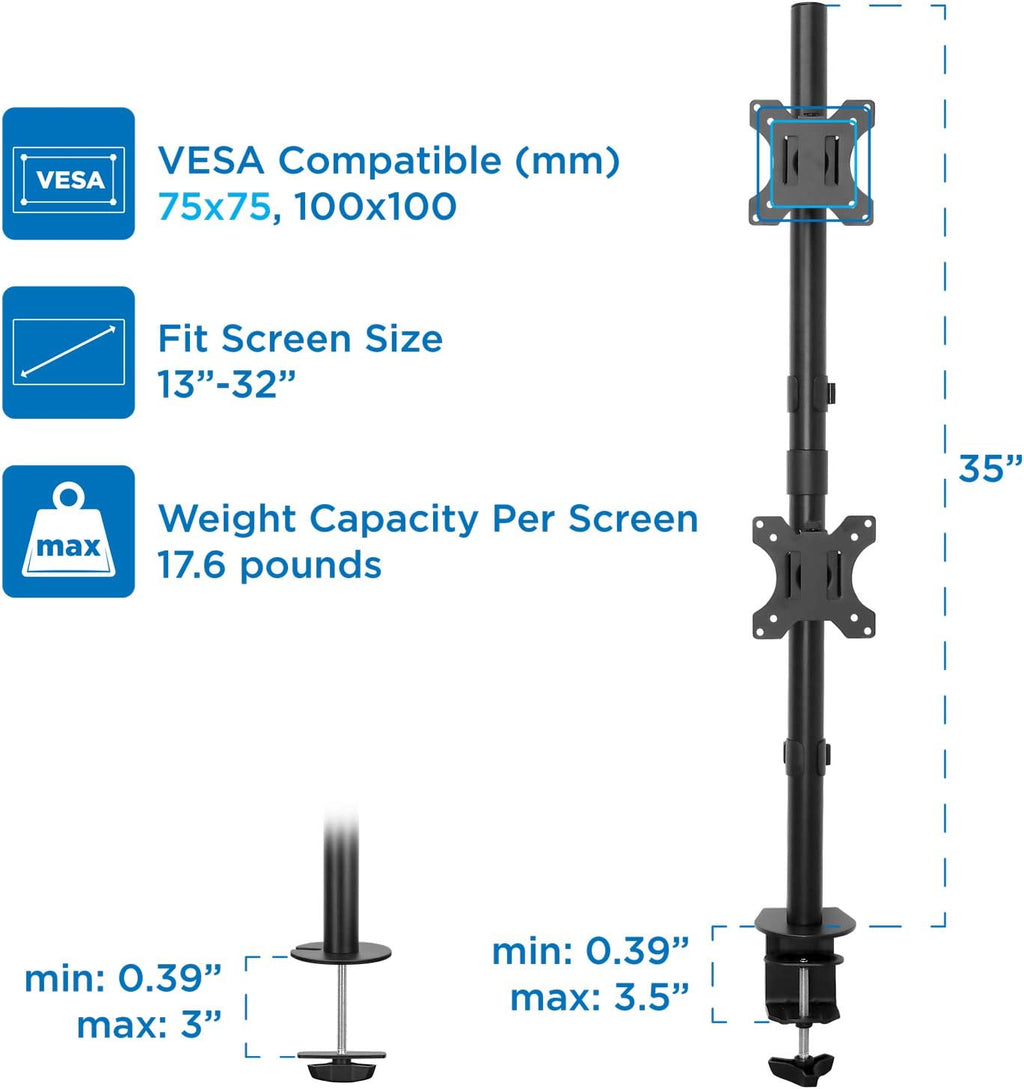 Vertical Dual Monitor Mount, Stacked Desk Stand, Fits 19-32 Inches, VESA 75 100 Y82070