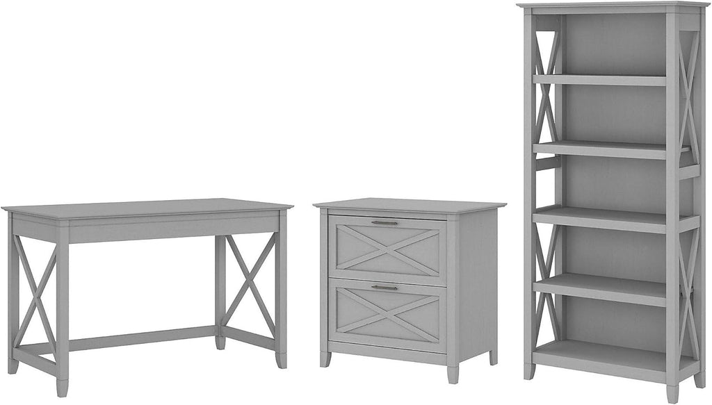 48W Cape Cod Gray Writing Desk with 2 Drawer File Cabinet and 5 Shelf Bookcase A3124