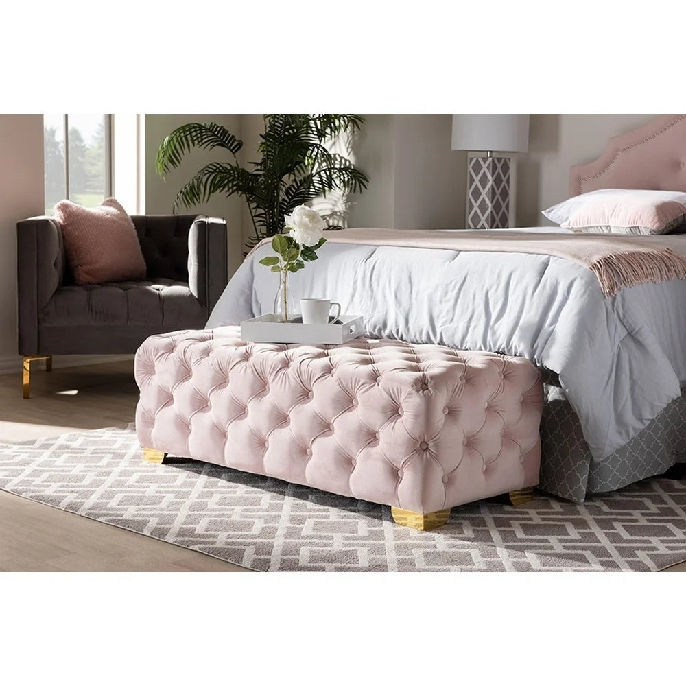 Light Pink Velvet Button Tufted Bench Ottoman I5646