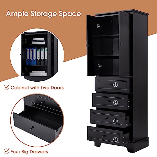 68.1" Tall Storage Cabinet with 2 Doors and 4 Drawers, Adjustable Shelf, MDF Board with Painted Finish, Solid Wood Frame (Black) G271975