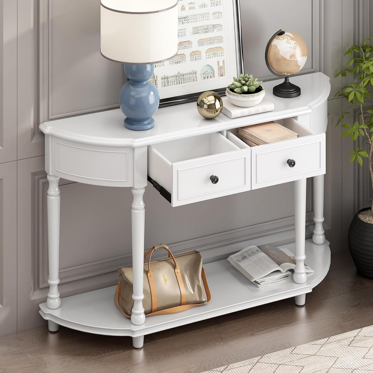 White Solid Wood Storage Cabinet with 2 Drawers and Open Shelf U453091