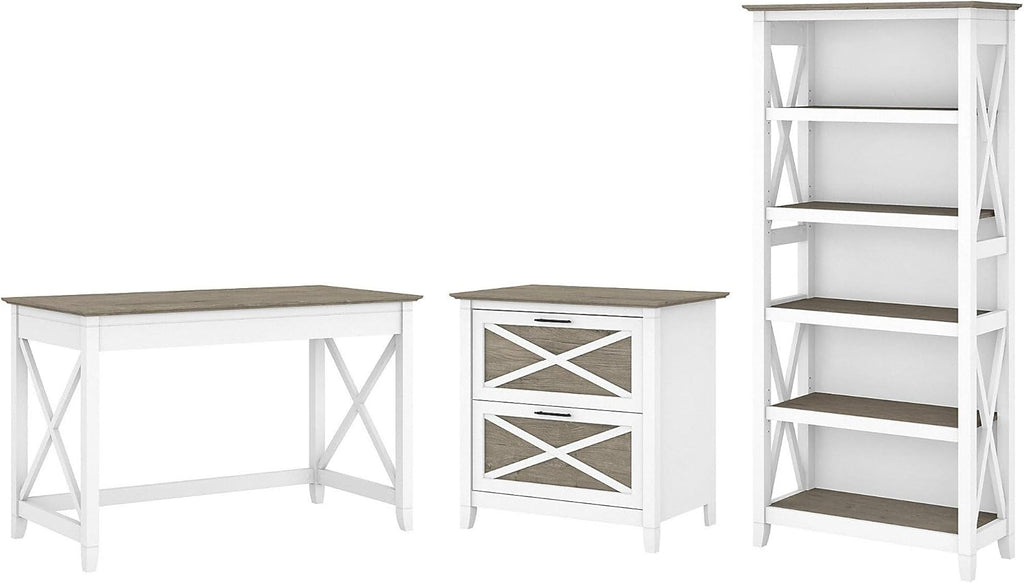 48W Cape Cod Gray Writing Desk with 2 Drawer File Cabinet and 5 Shelf Bookcase A3124