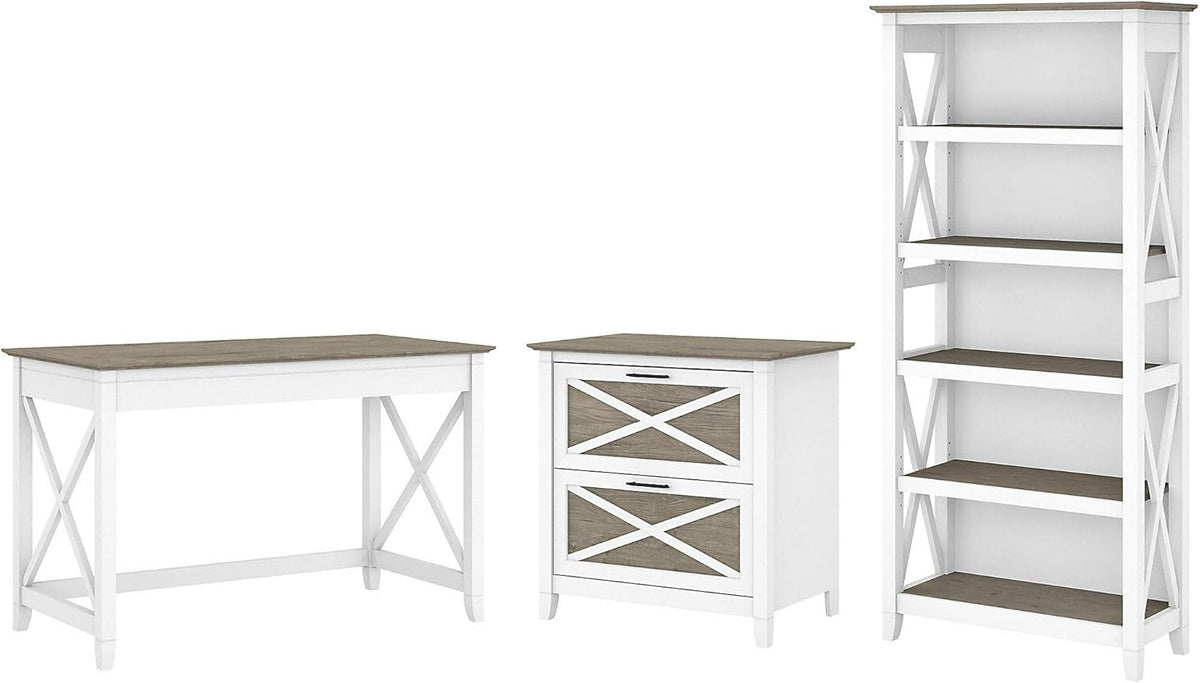 48W Cape Cod Gray Writing Desk with 2 Drawer File Cabinet and 5 Shelf Bookcase A3124