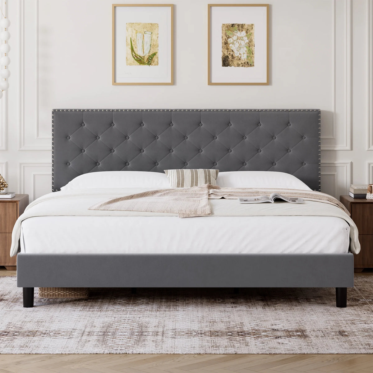 King Size Upholstered Platform Bed with Adjustable Headboard T993439